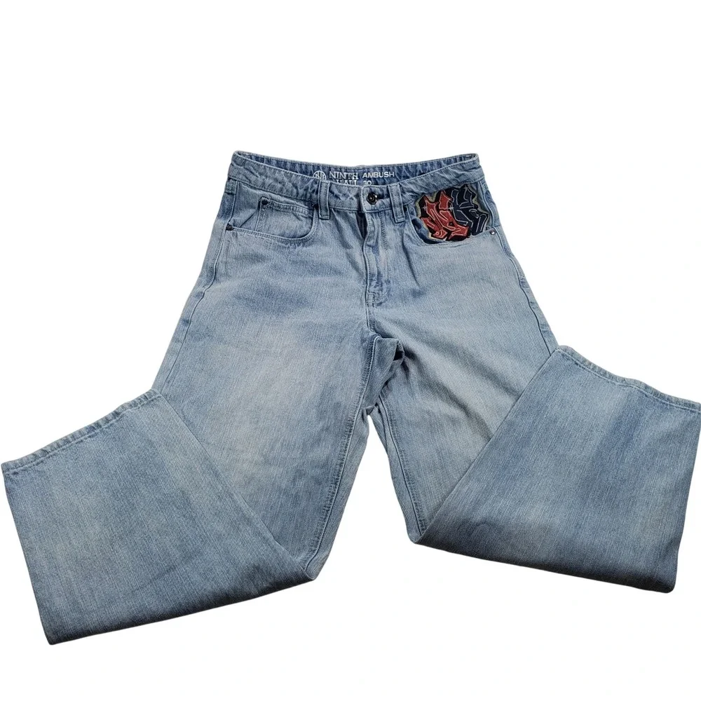 Ninth‎ Ambush Hall Jeans Light Wash Embroidered Skull Rose Chain Denim